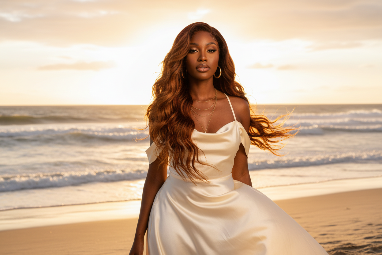 Black woman with human hair wig at the beach