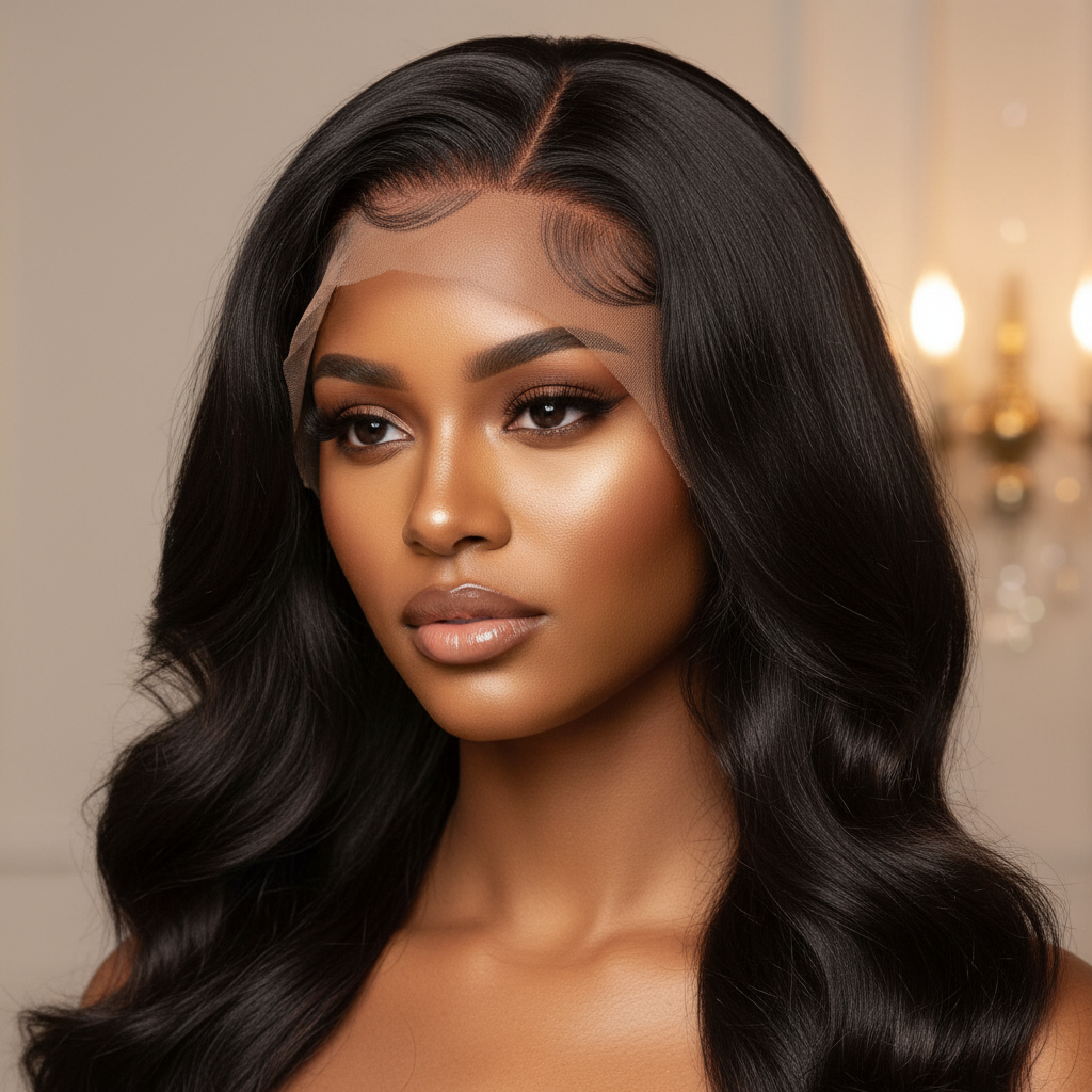 Brown black 13x6 glueless wig on model
