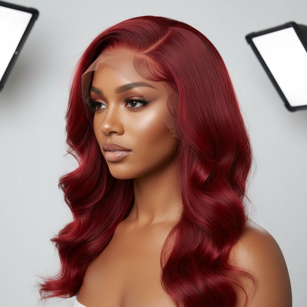 Red 13x4 glueless wig on model