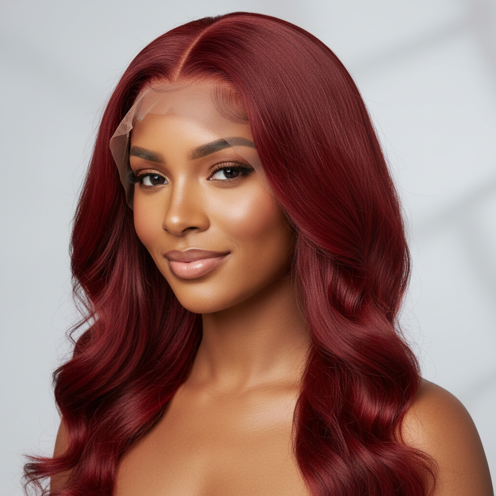 Red 13x6 glueless wig on model