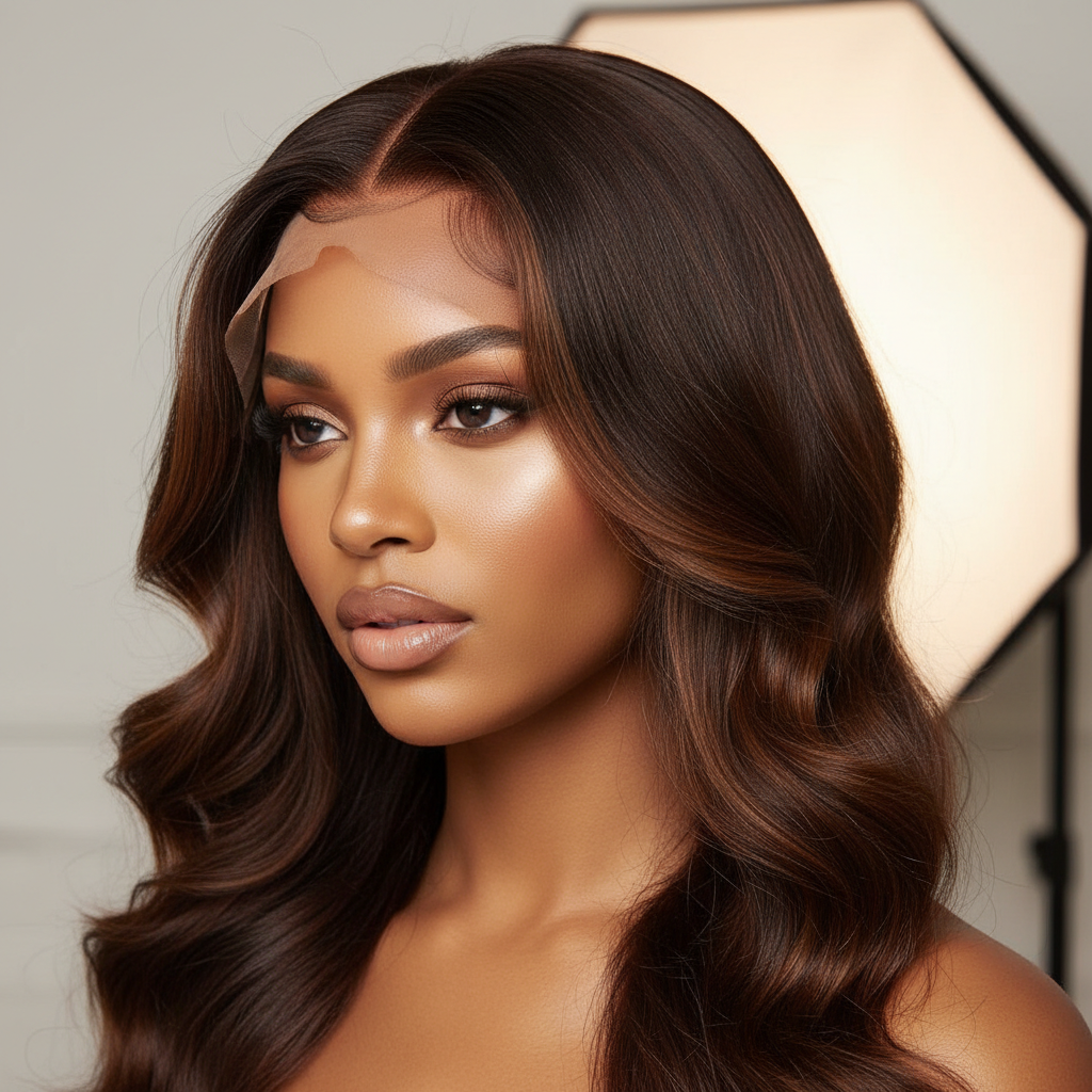 Brown 13x6 glueless wig on model