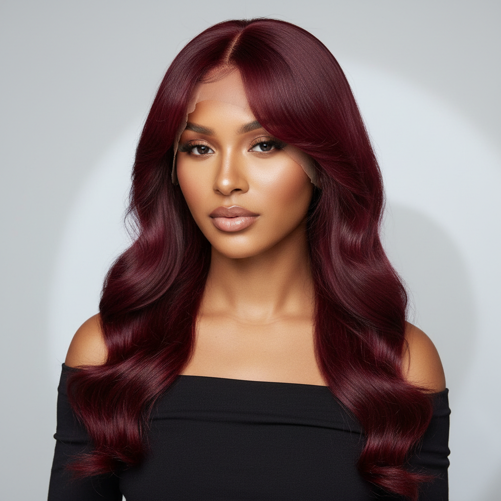 Burgundy wig on model