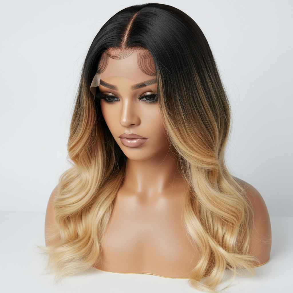 Highlights & ombre black to blonde 13x6 glueless wig on model
