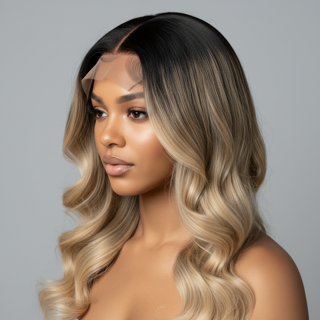 Highlights & ombre black to blonde 13x4 glueless wig on model