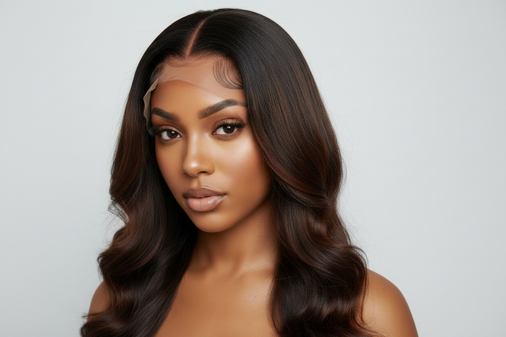 Brown black 13x4 glueless wig on model
