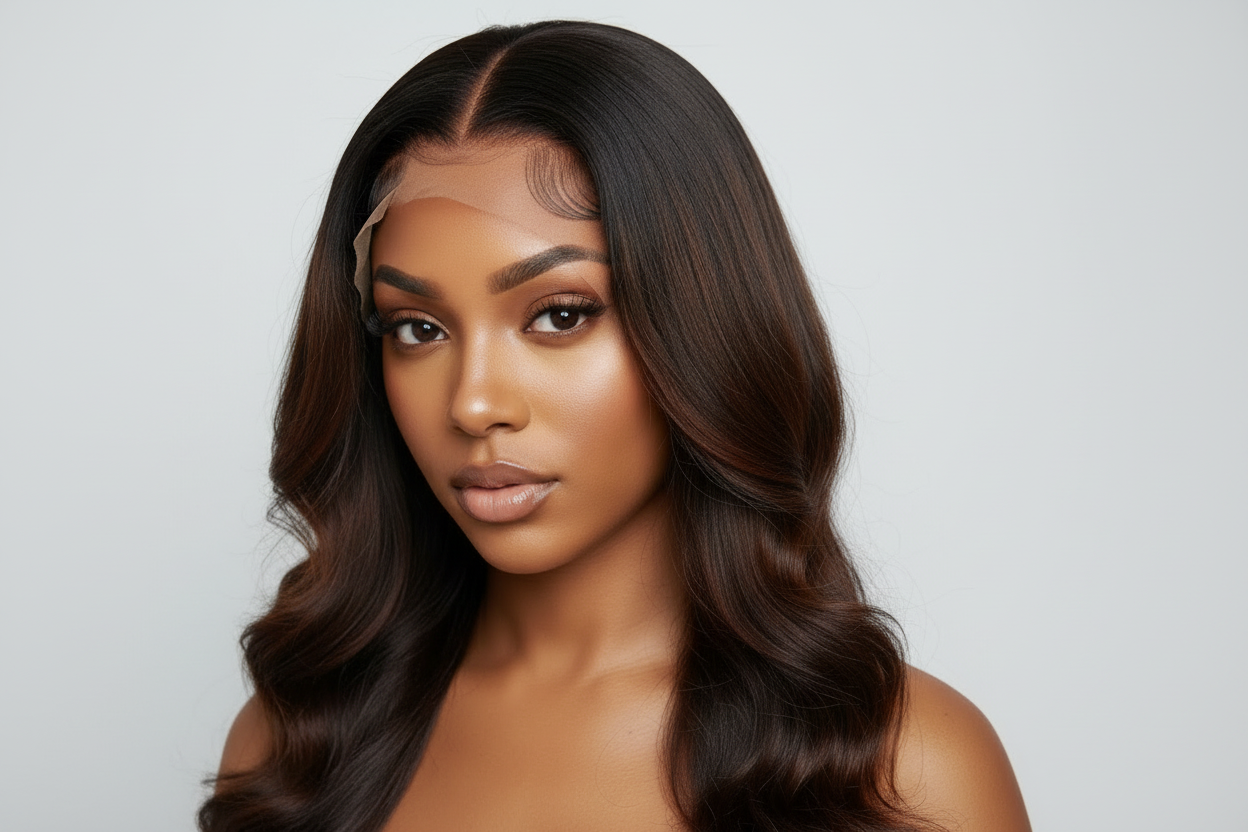 Brown black 13x4 glueless wig on model