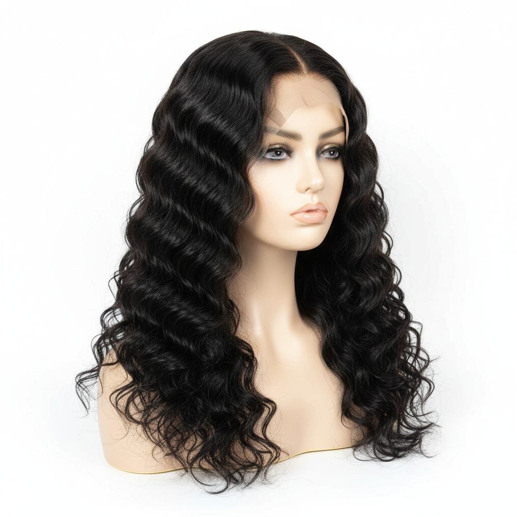 Black deep wave glueless human hair wig