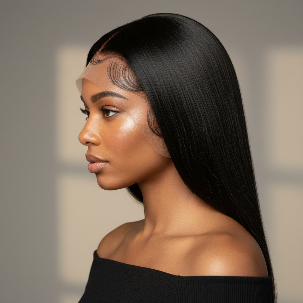 Black straight lace front wig on model