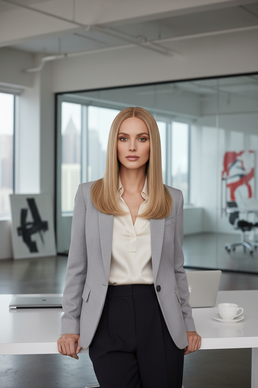 Sandy blonde straight sleek in modern office