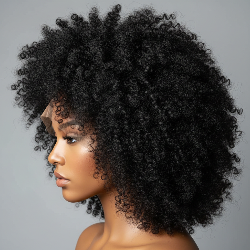 Black kinky curly wig on model