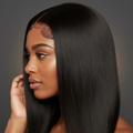 Black straight wig on model showing natural hairline
