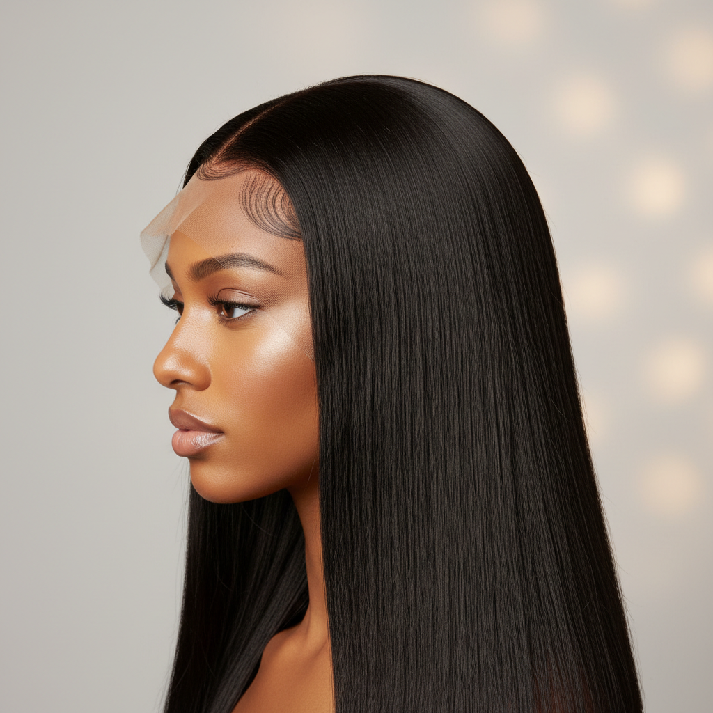 Black straight HD lace frontal wig on model
