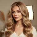 Sandy blonde 13x4 glueless wig on model