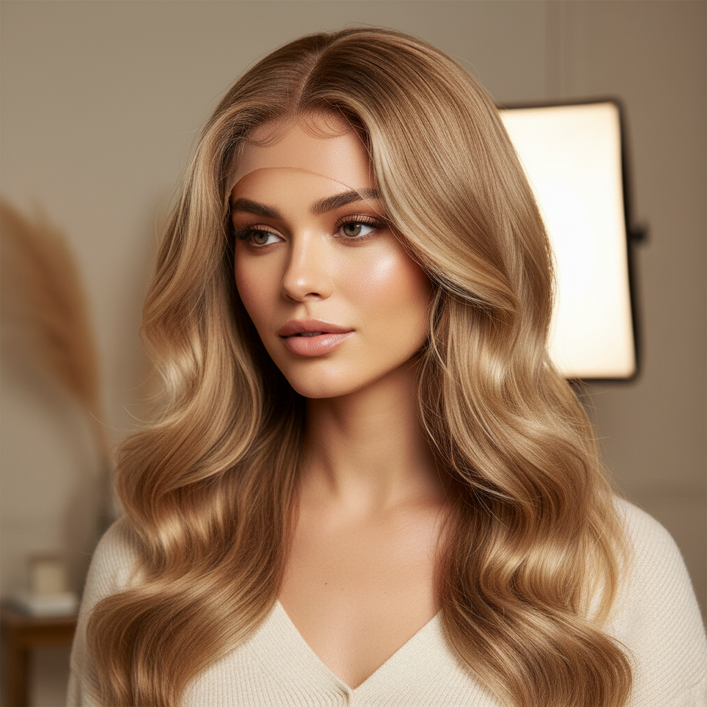 Sandy blonde 13x4 glueless wig on model