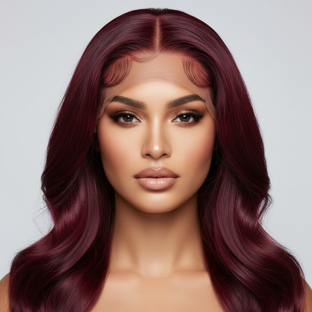 Burgundy 13x6 wig on model