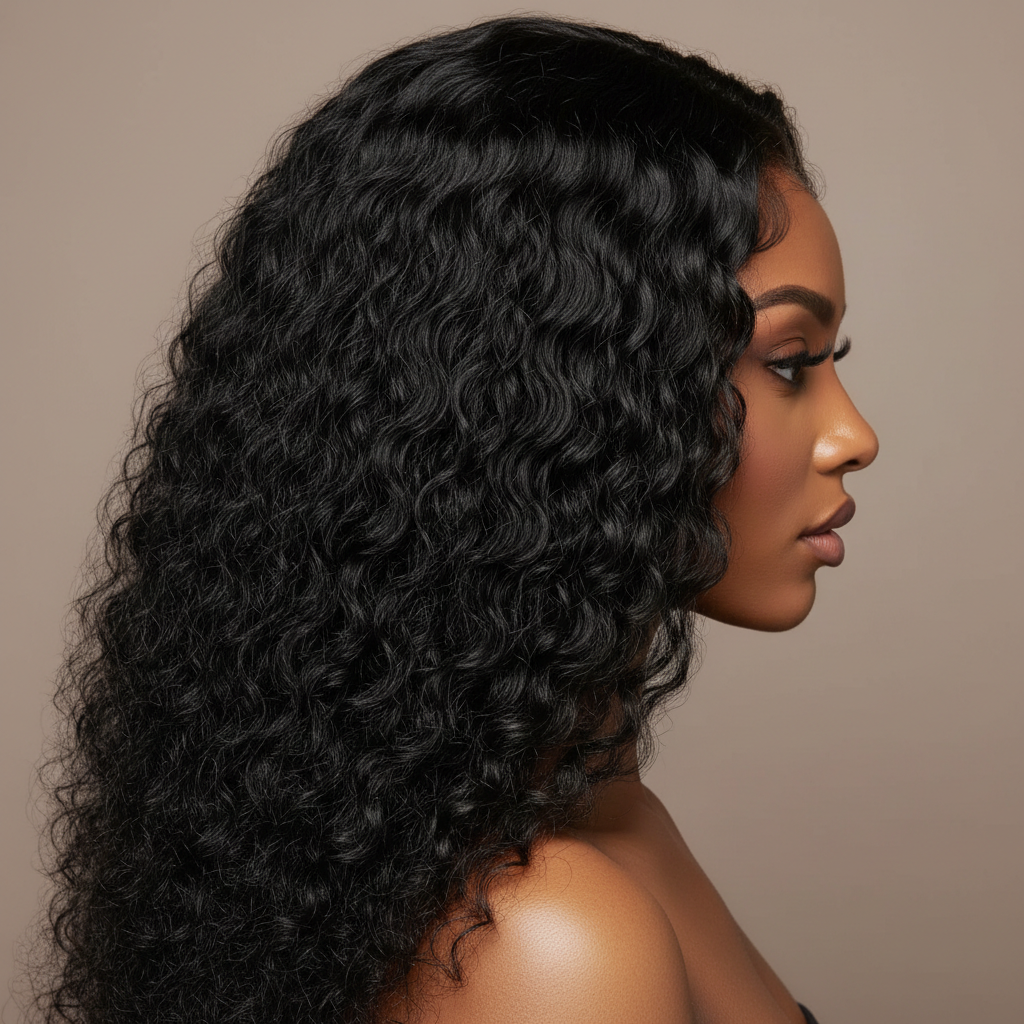 Black deep wave wig on model