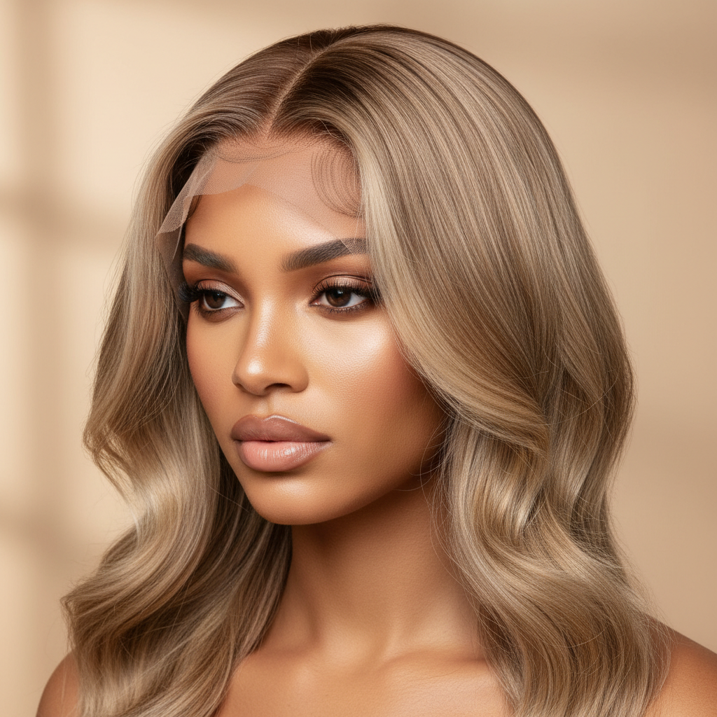 Sandy blonde 13x6 glueless wig on model