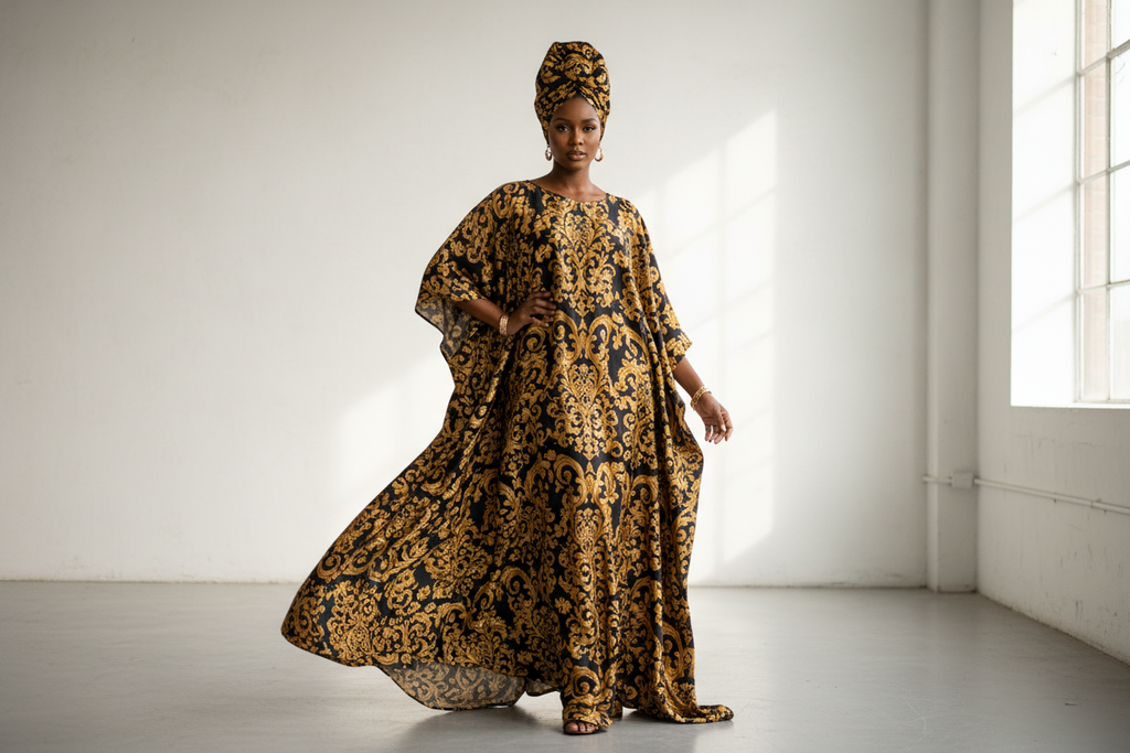 Model in black and gold baroque kaftan and headwrap