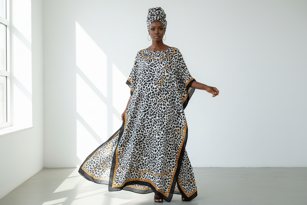 Model in black and white leopard kaftan with chain details and headwrap