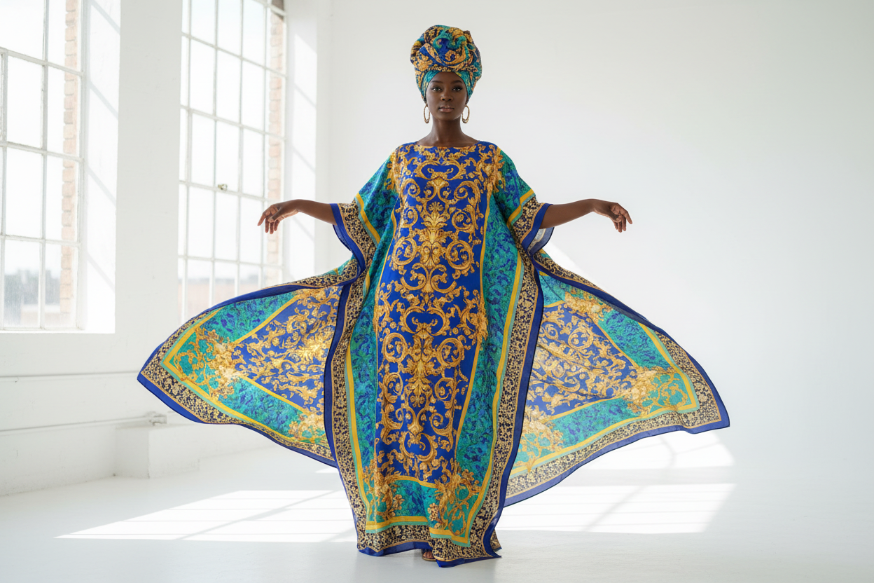 Model in blue gold baroque kaftan and headwrap