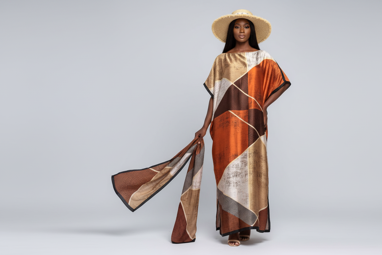 Model in geometric print kaftan with sun hat