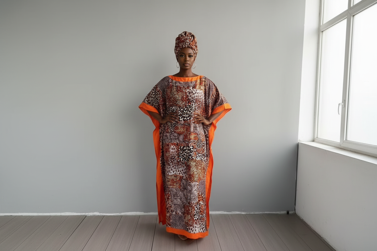 Model in leopard floral kaftan with orange trim and headwrap