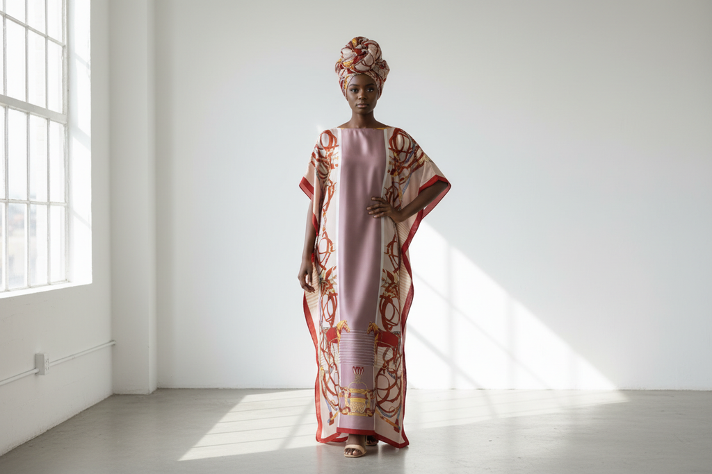 Model in pink chain print kaftan with scarf headwrap