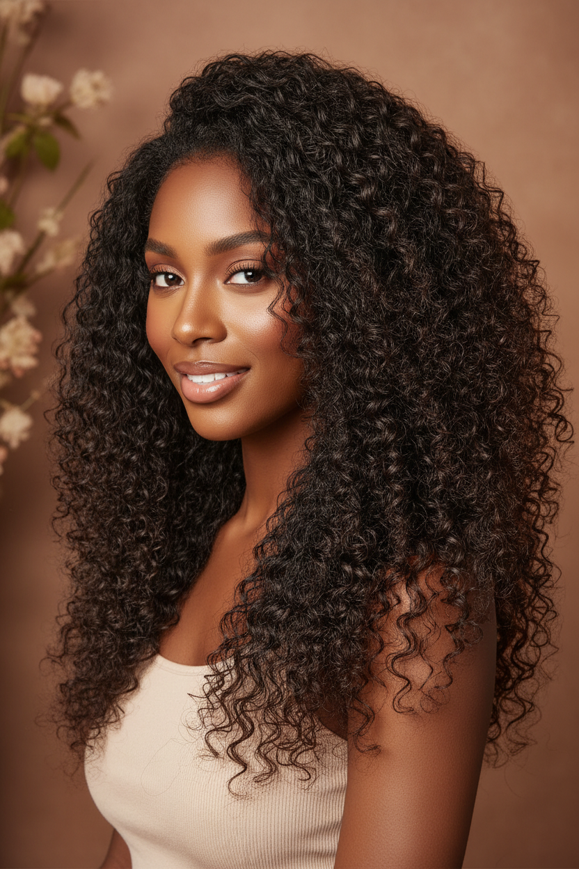 Model wearing big loose curls hair bundles