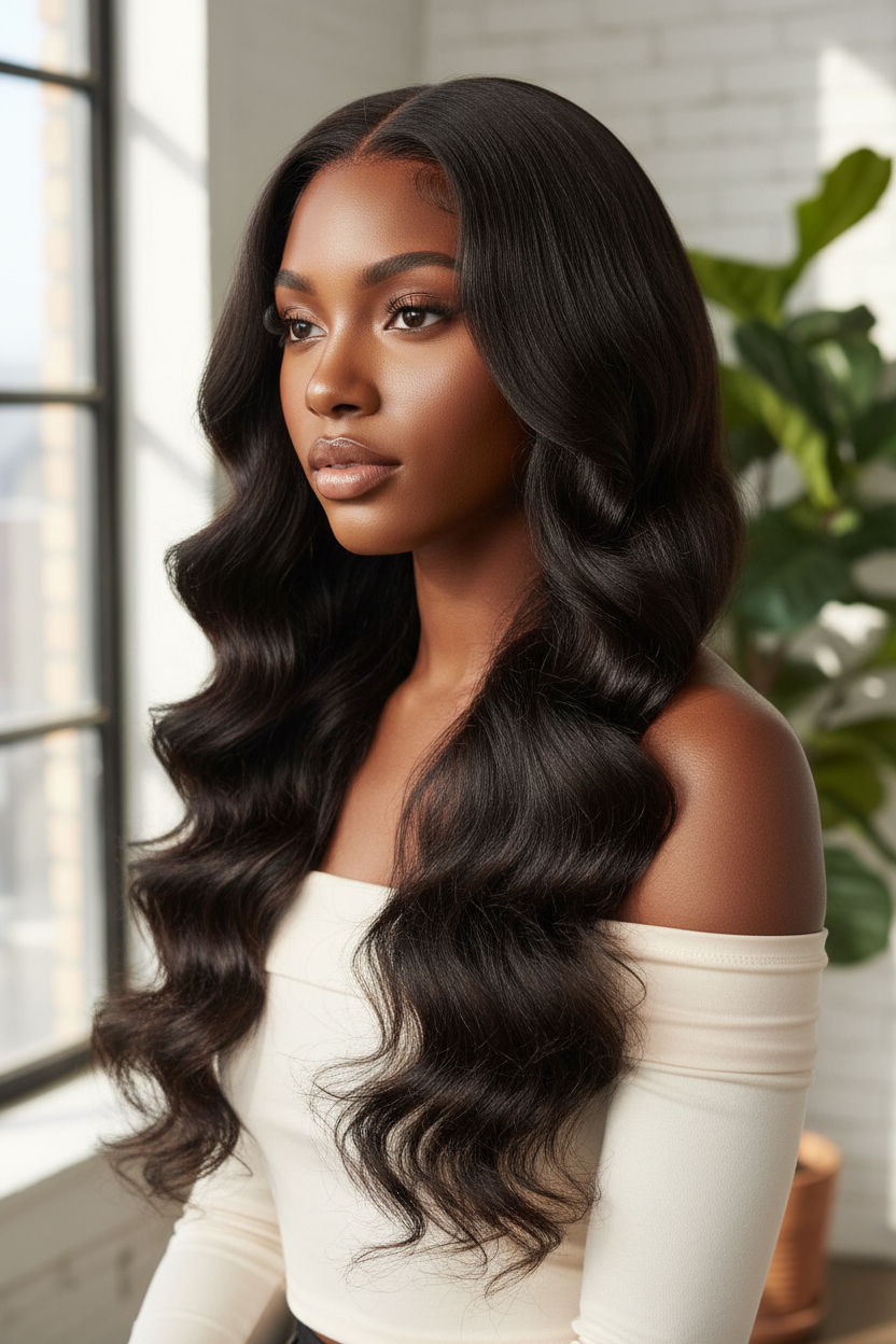 Model wearing body wave hair bundles