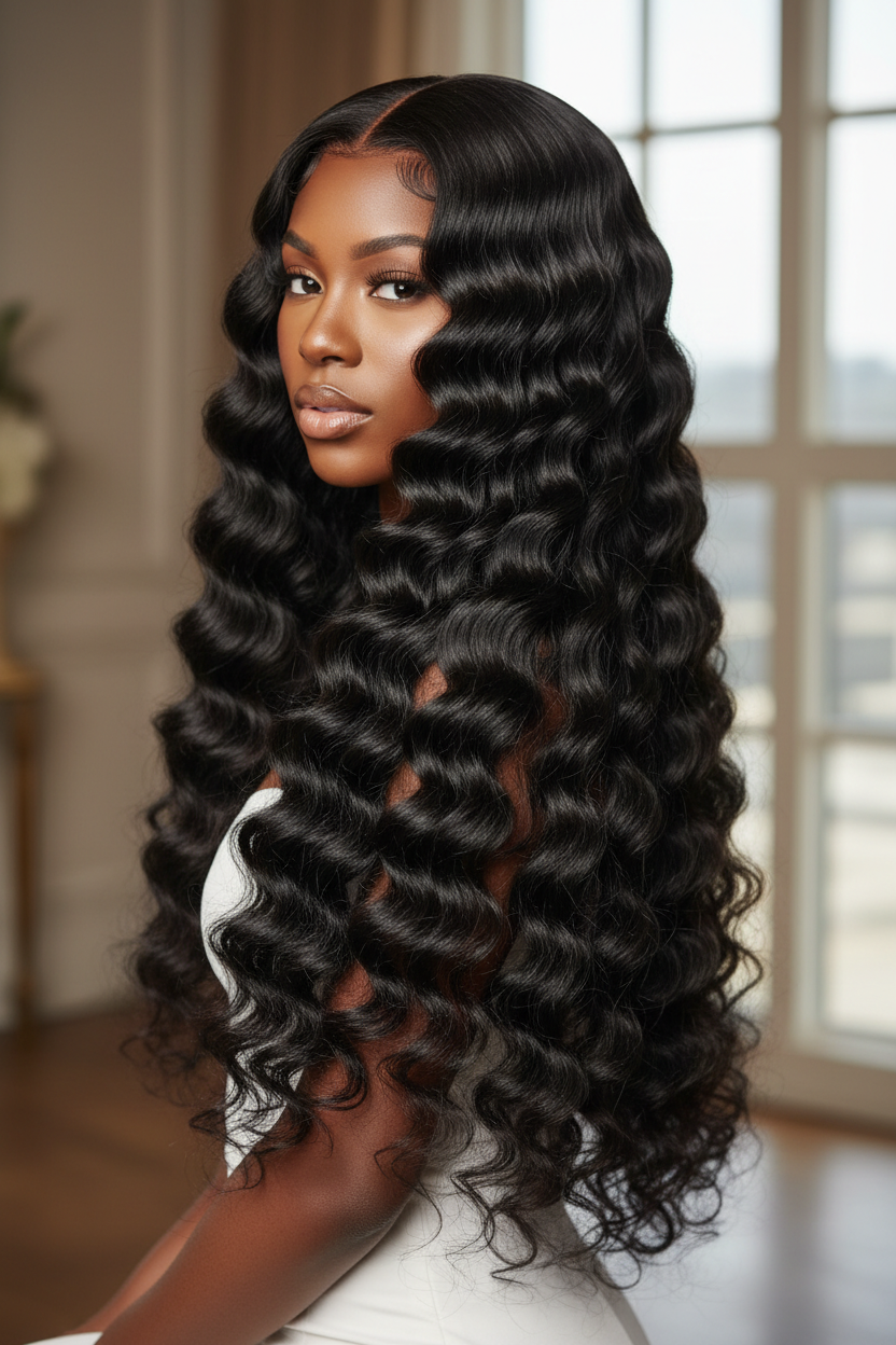 Model wearing deep wave hair bundles