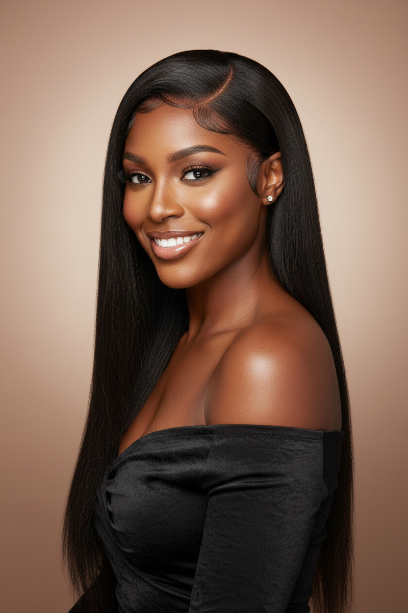 Model wearing drawstring wig - portrait