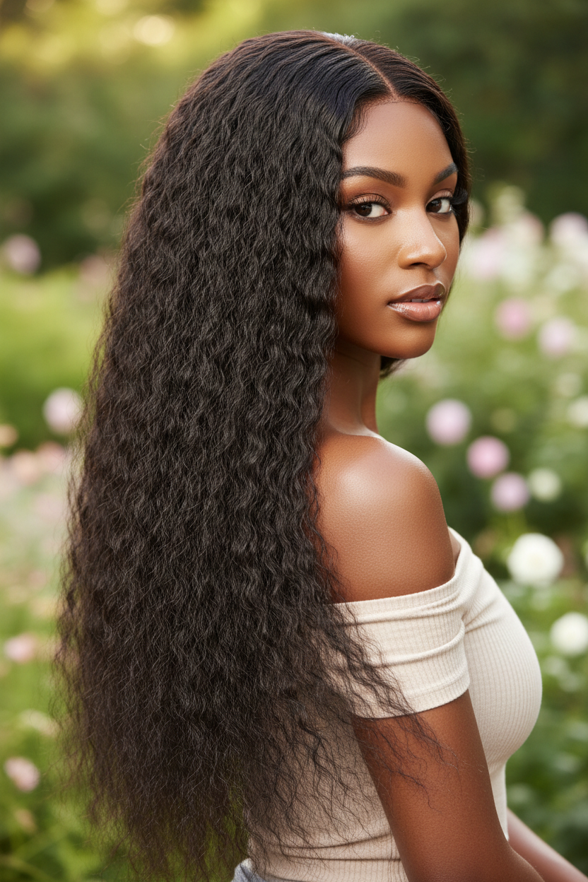 Model wearing kinky straight hair bundles