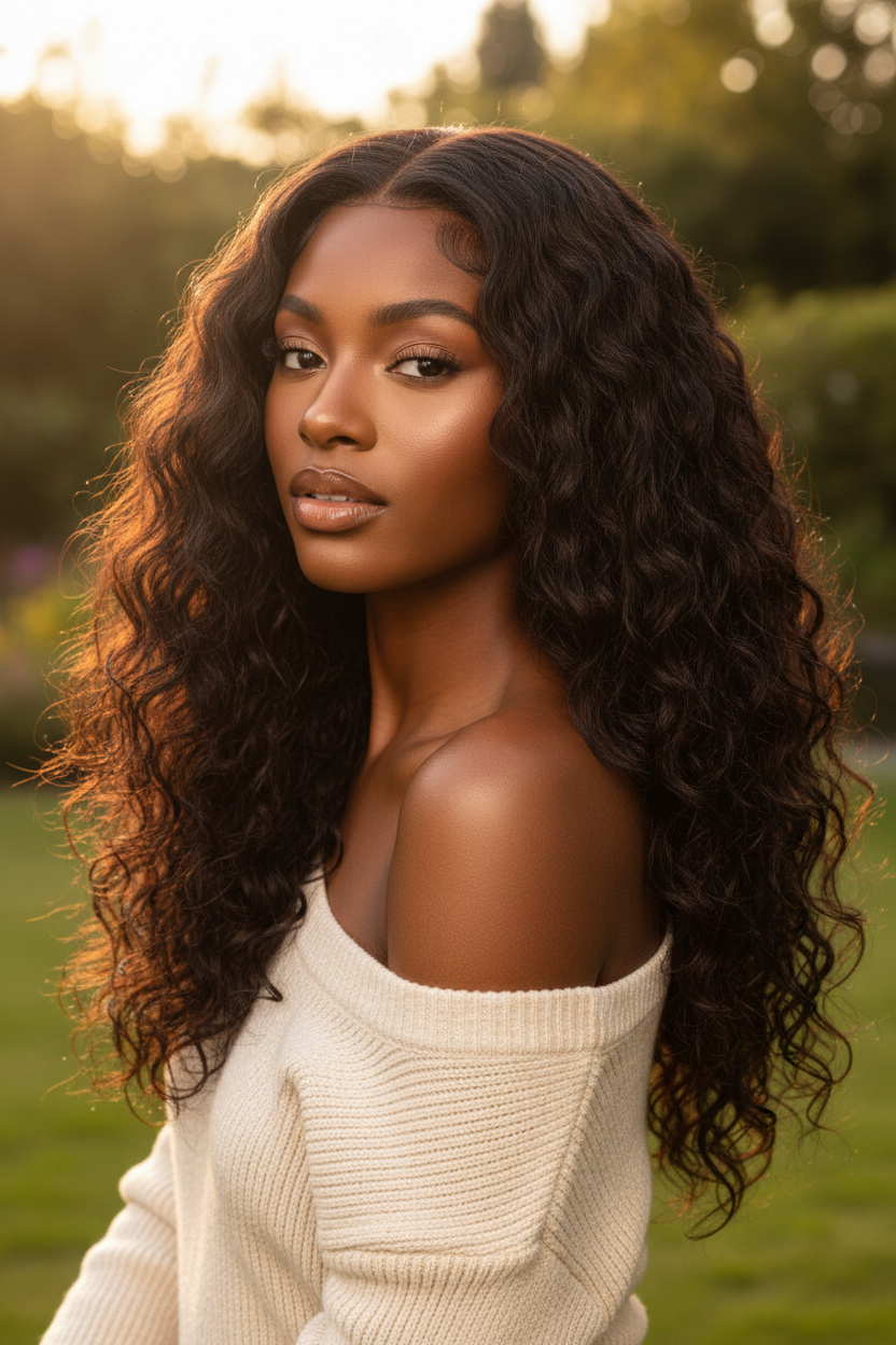 Model wearing loose curls hair bundles