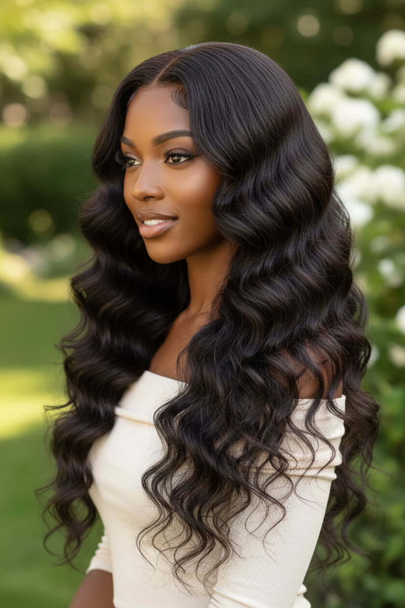 Model wearing pineapple wave hair bundles