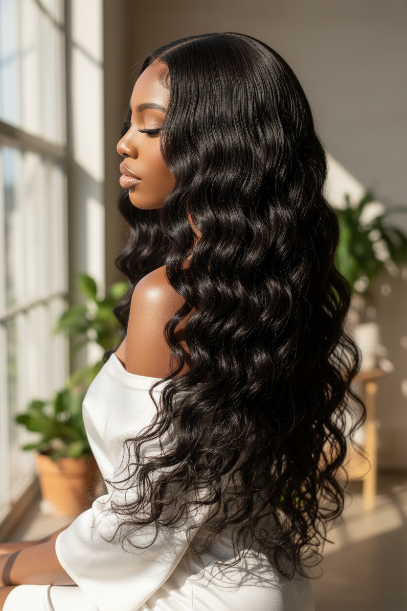 Model wearing water wave hair bundles