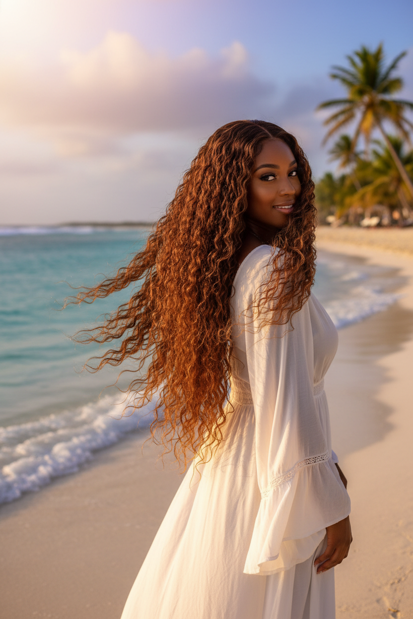 Model with body wave loose curls on the beach