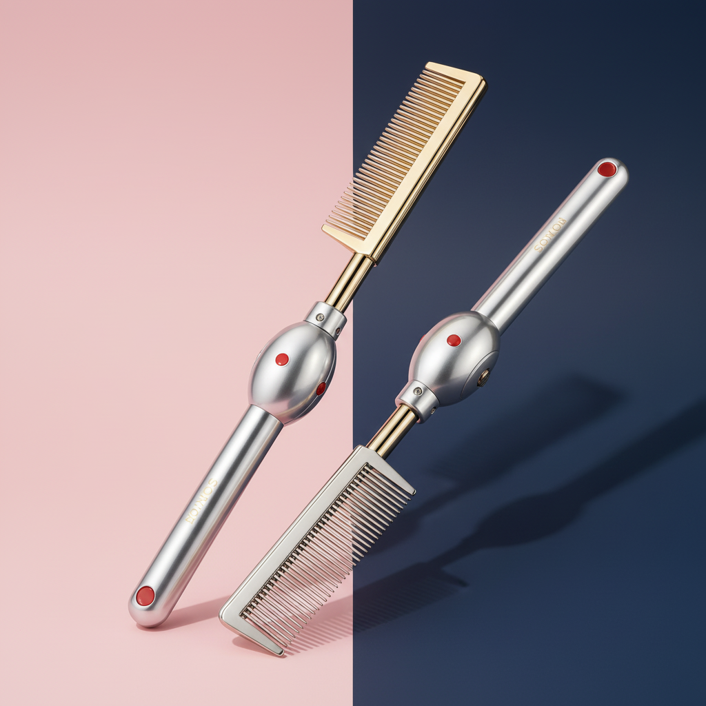 Premium metallic styling comb on brand background