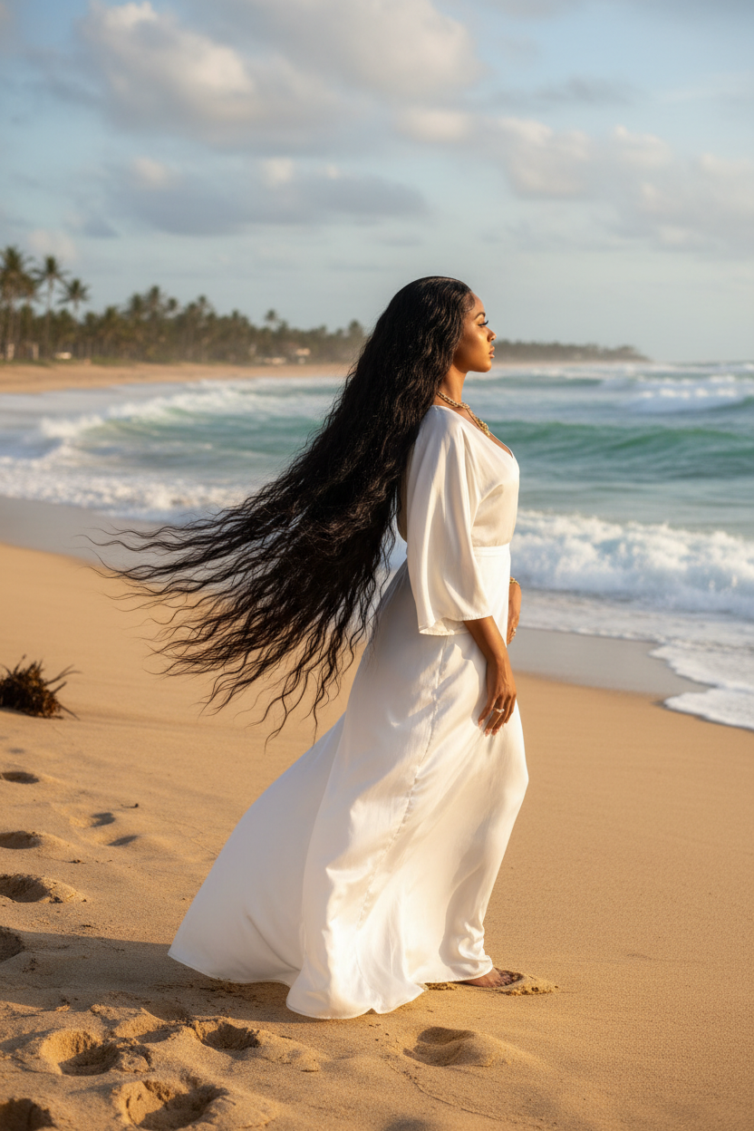 Woman at beach with 30 inch black water wave wig