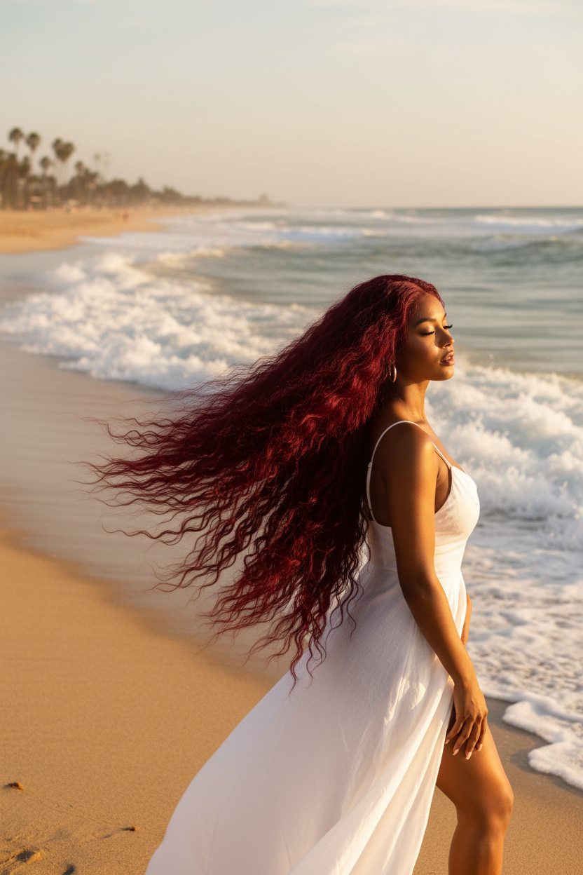 Woman at beach with burgundy 40 inch loose deep curls wig